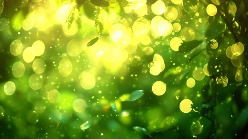 Macro bokeh of sunlit foliage with luminous green particles