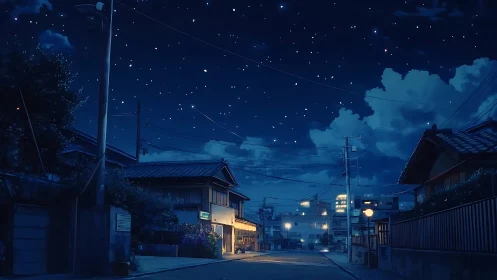 Starlit suburban street under deep blue nocturnal sky.
