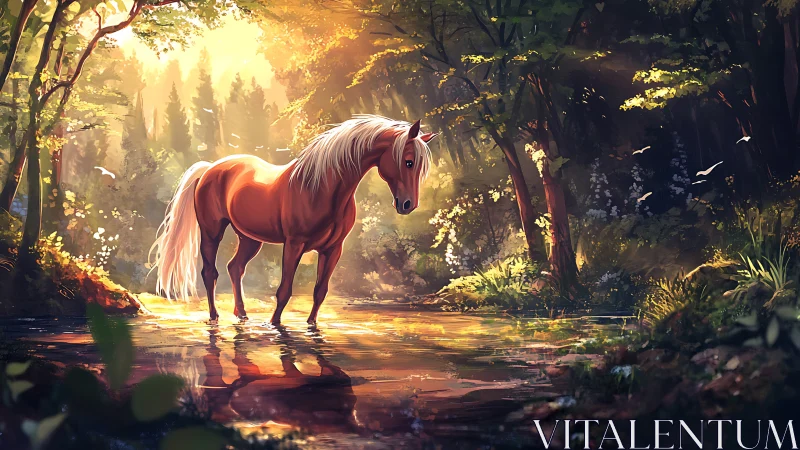 Horse stands in shallow forest stream under warm light