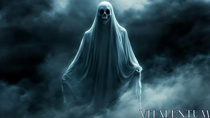 Skeletal robed figure emerging from dense atmospheric fog.