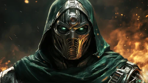 Armored cyber warrior with hood amid blazing inferno.