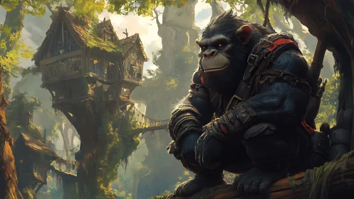 Jungle sentinel ape broods beside ramshackle sky huts.