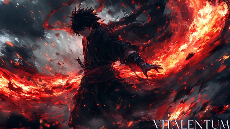 Dark anime swordsman commands swirling inferno in storm
