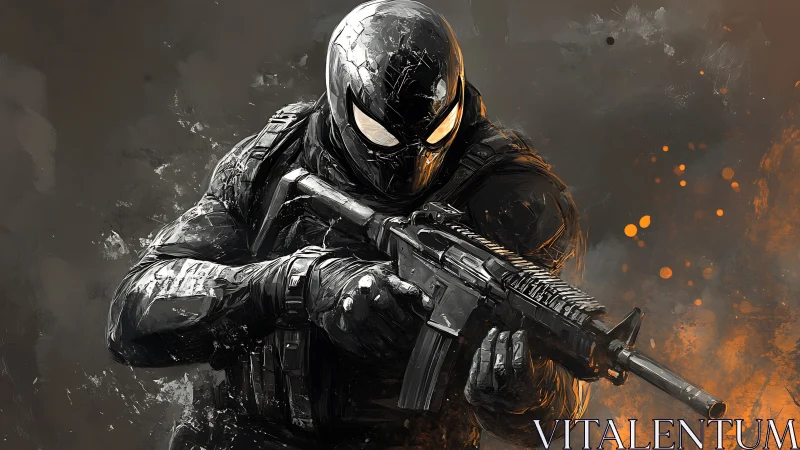 Shadow-clad futuristic warrior steps forward with bold focus.