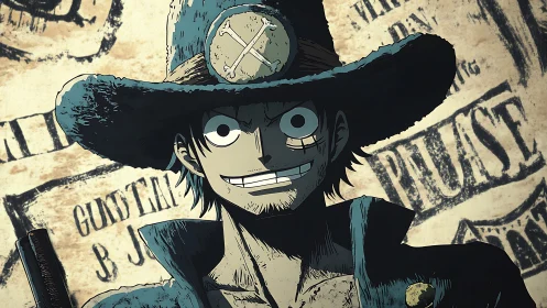 Grinning outlaw captain amid tattered wanted legends.