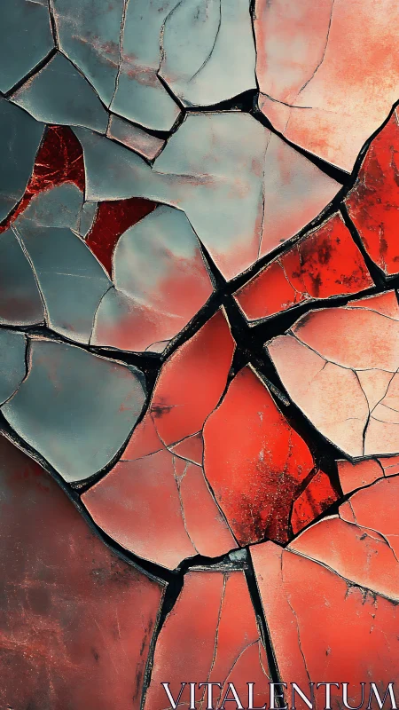 Cracked red teal surface forms bold abstract fracture grid.