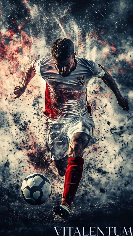 Soccer player running with ball amid abstract particle field.