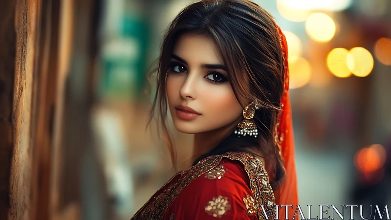 Velvet-eyed muse in crimson silk beneath city lanterns.