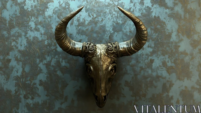 Metallic bull skull sculpture hangs on textured teal wall
