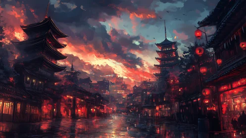 Neon-lit pagoda street glows under storm-bright dusk sky.