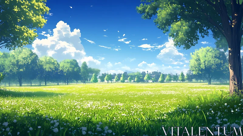 Sunlit park meadow opens to a tranquil distant city skyline