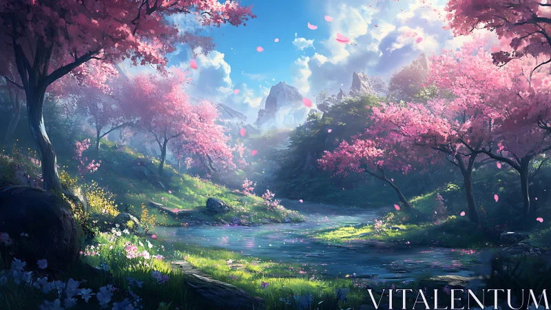 Spring valley river flows under glowing pink blossom canopy