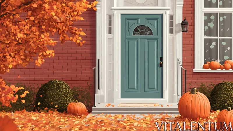 Teal entry door framed by pumpkins and vivid autumn foliage.
