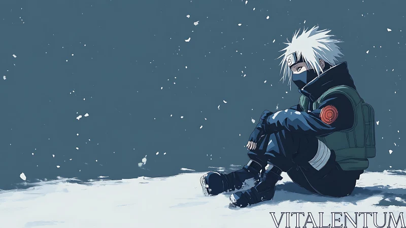 Masked ninja sits alone in falling snow under muted sky