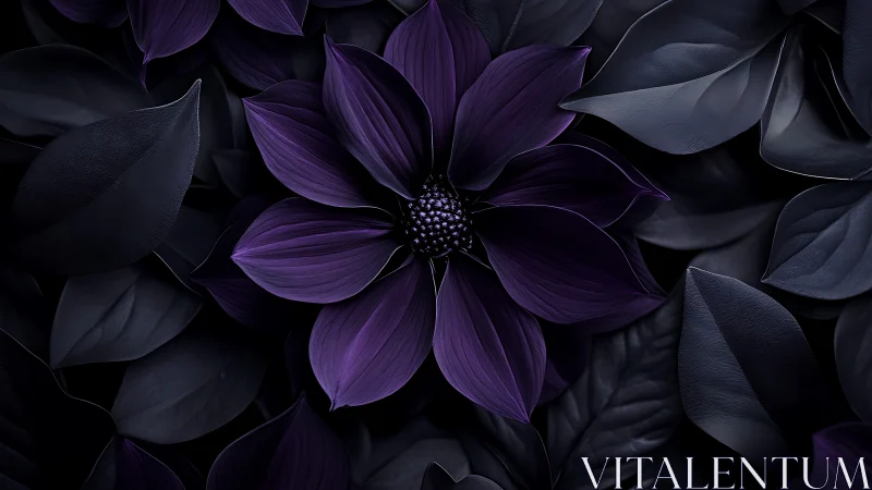 Deep Purple Bloom Emerges Against Shadowed Foliage in Dramatic Contrast