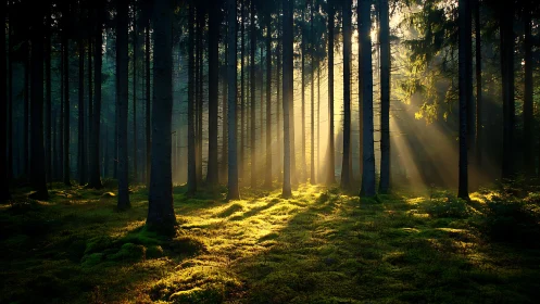 Sunbeams Filtering Through Pine Forest in Tranquil Morning Light.