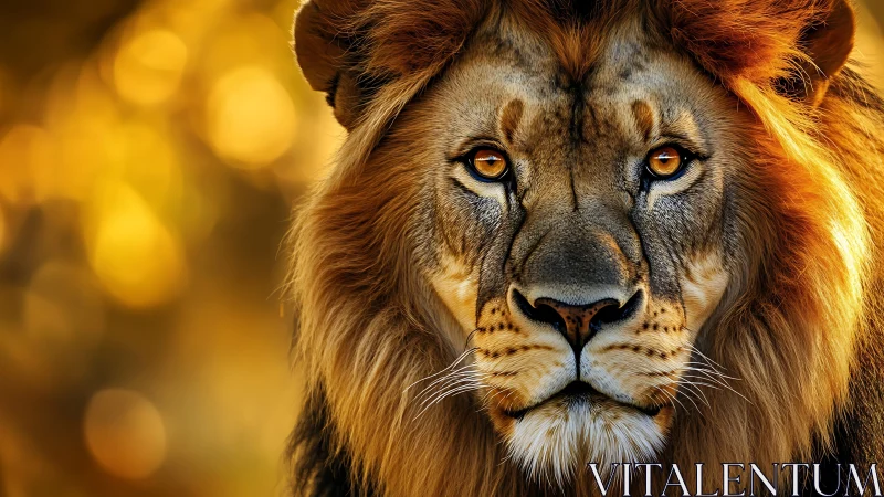 Majestic male lion portrait with golden bokeh glow.