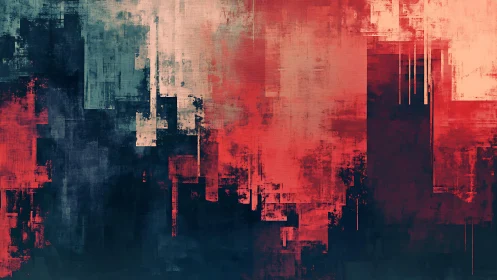 Abstract geometric cityscape with red and blue textured layers.