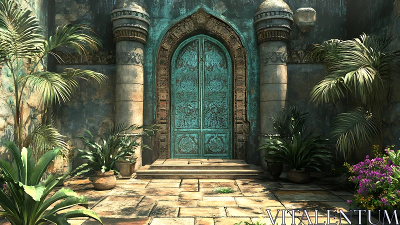 Weathered turquoise portal framed by lush courtyard flora