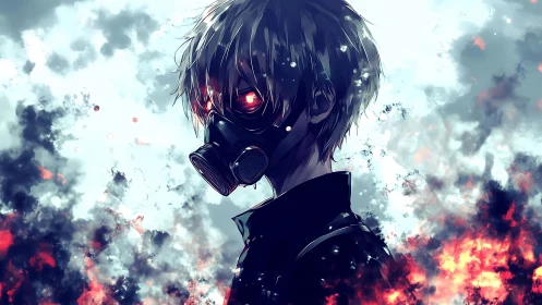 Ember-eyed loner in a gas mask stalks the burning sky.