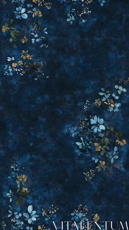 Midnight botanical pattern with scattered teal blossoms.