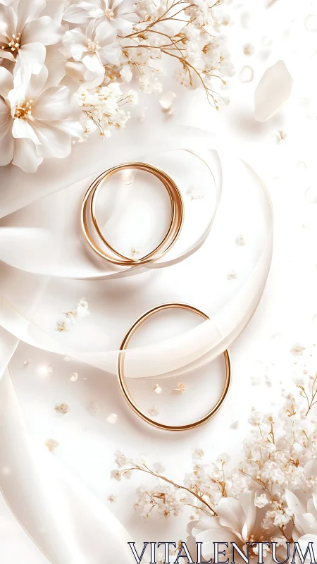 Gold wedding bands on ivory ribbon with soft white florals