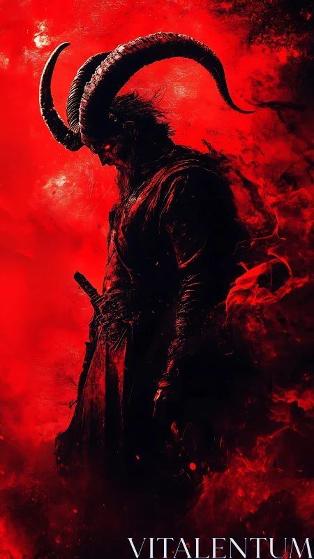 Horned demon warrior stands in crimson smoke