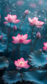Pink lotus flowers and leaves on teal water surface at dusk.
