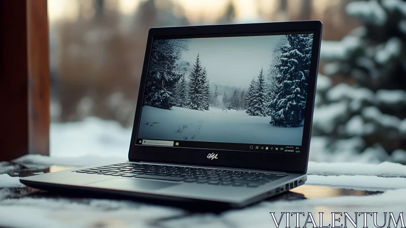 Sleek laptop on snowy outdoor table with winter screen scene.