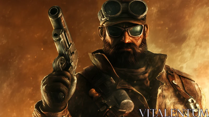 Bearded armed figure in goggles against orange lit backdrop.
