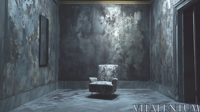 Solitary armchair anchors decayed metallic grey chamber.
