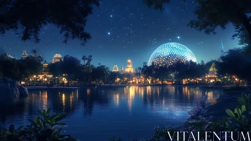 Luminous geodesic dome skyline mirrored in nocturnal lake.