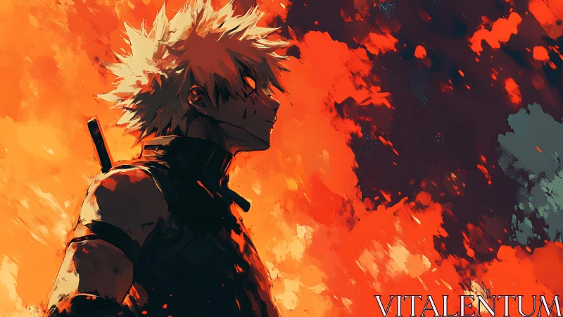Fiery anime warrior silhouette amid explosive orange blaze.