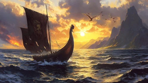 Digital painting of Viking longship at radiant dragonlit sunset.