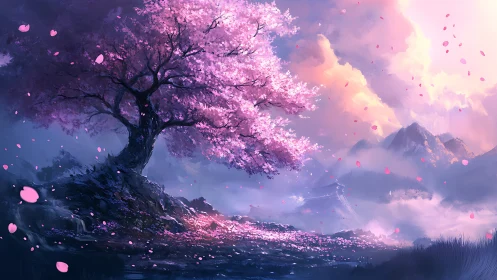 Pink blossom tree on rocky hill in dreamy mountain valley.