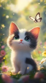 Tiny springtime dreamer studies a hovering meadow butterfly