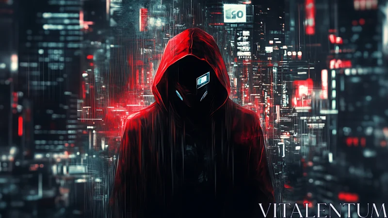 Hooded digital figure in red before dense cyber cityscape.