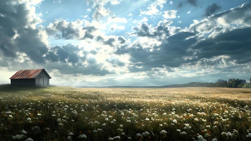 Quiet wildflower meadow and a lone rustic barn at dusk.