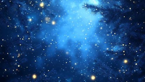 Snowy fir branches glow softly in a dreamy winter night