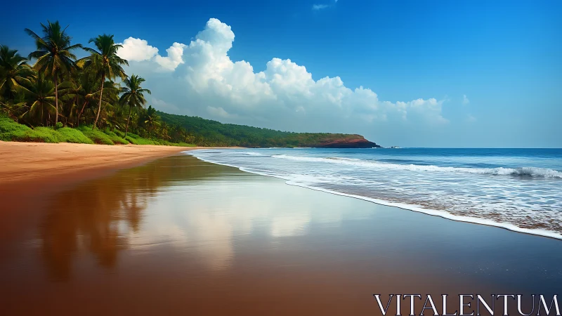 Sunlit palm coast and gentle waves on a quiet shoreline.