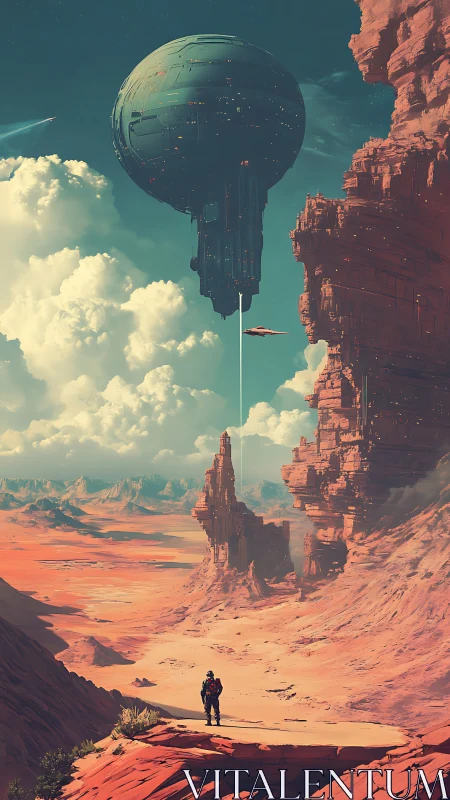 Solitary astronaut observes hovering spherical alien structure