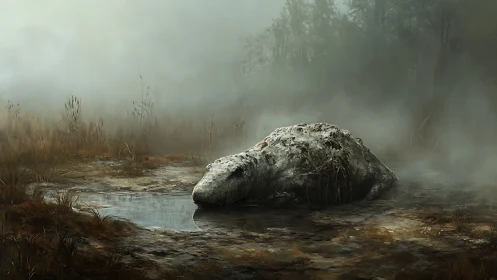 Decaying creature lies forgotten in a silent misty swamp.