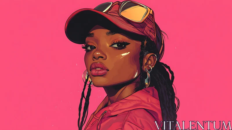 Bold digital portrait of confident woman in pink streetwear.