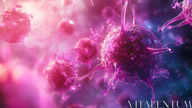 Microscopic viral particles rendered in luminous 3D bioluminescent detail