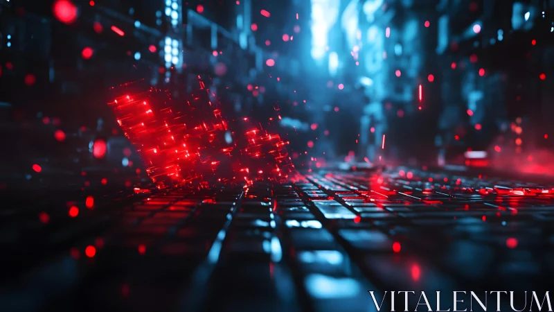 Futuristic Red Data Blocks on Digital Keyboard in Cyberpunk Style.