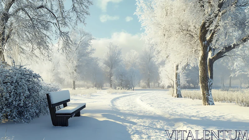 Snow-laden park bench beside winding frosted winter path.