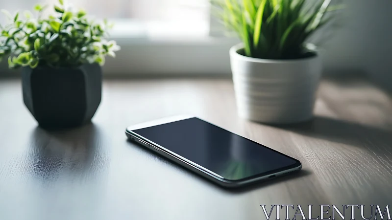 Smartphone on Minimalist Desk with Potted Plants.