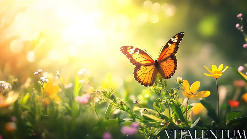 Monarch butterfly in sunlit meadow with high-key bokeh field.