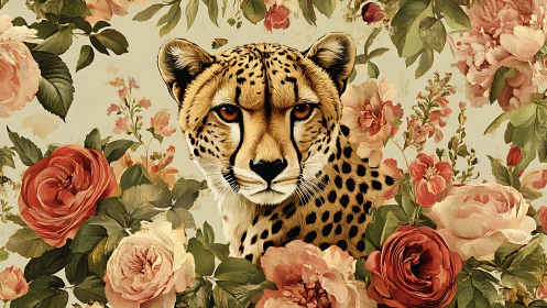 Cheetah gazes calmly from lush vintage floral garden backdrop.