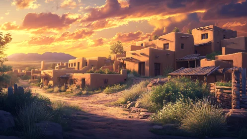 Late-sunset adobe village under volumetric clouds and warm haze